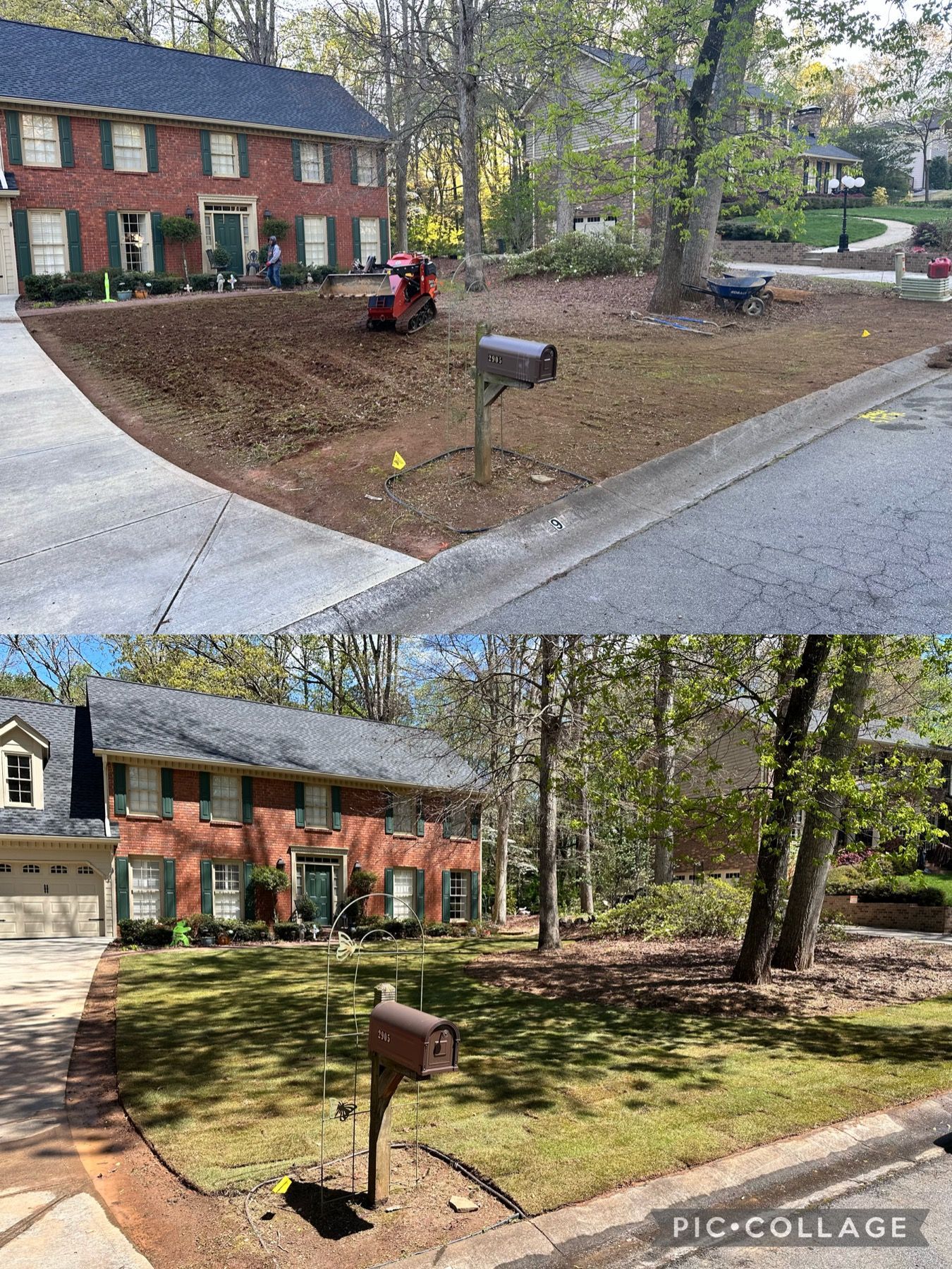 A before and after picture of a house and a mailbox.