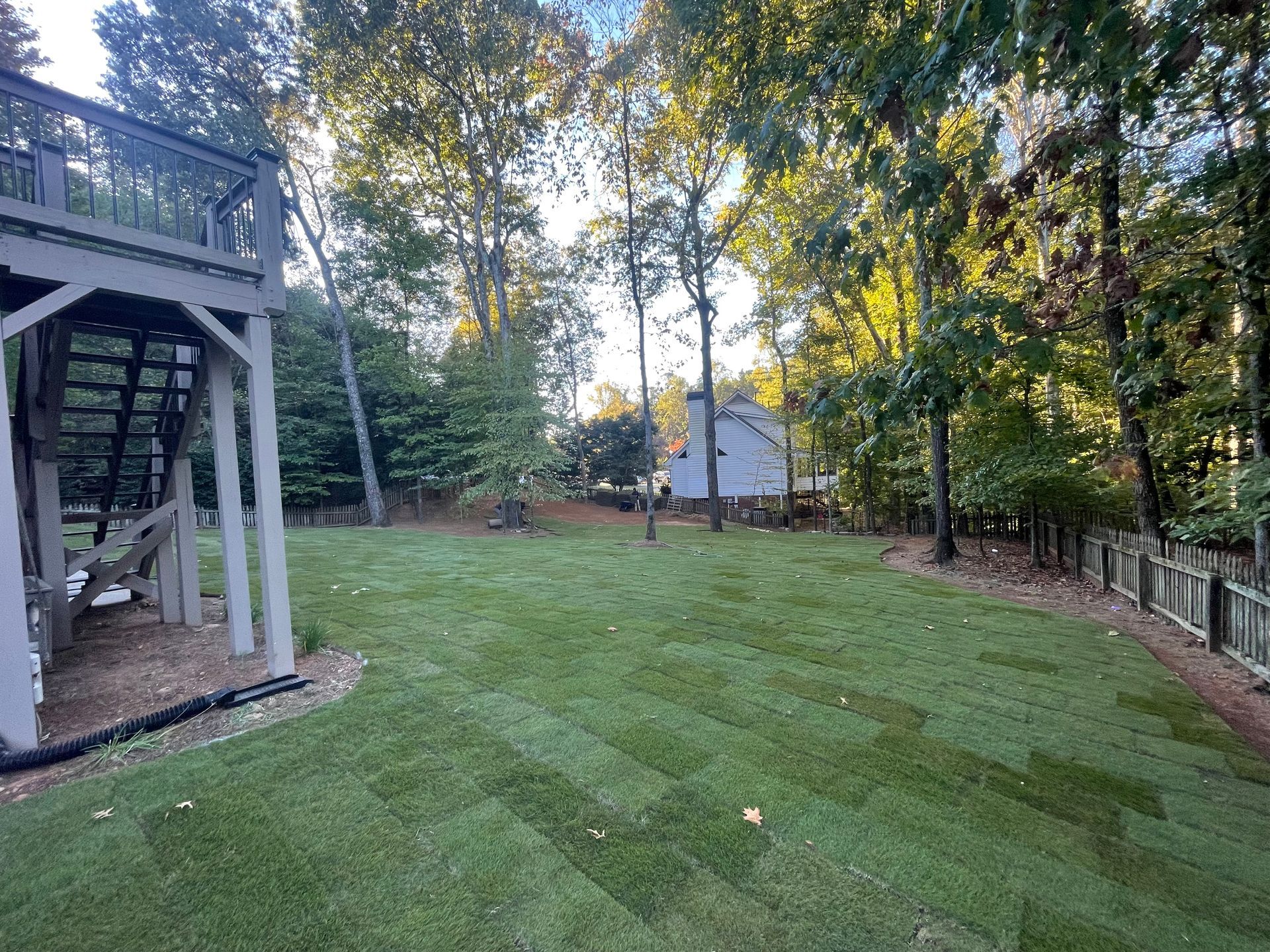 A large lush green yard with a fence and trees in the background.