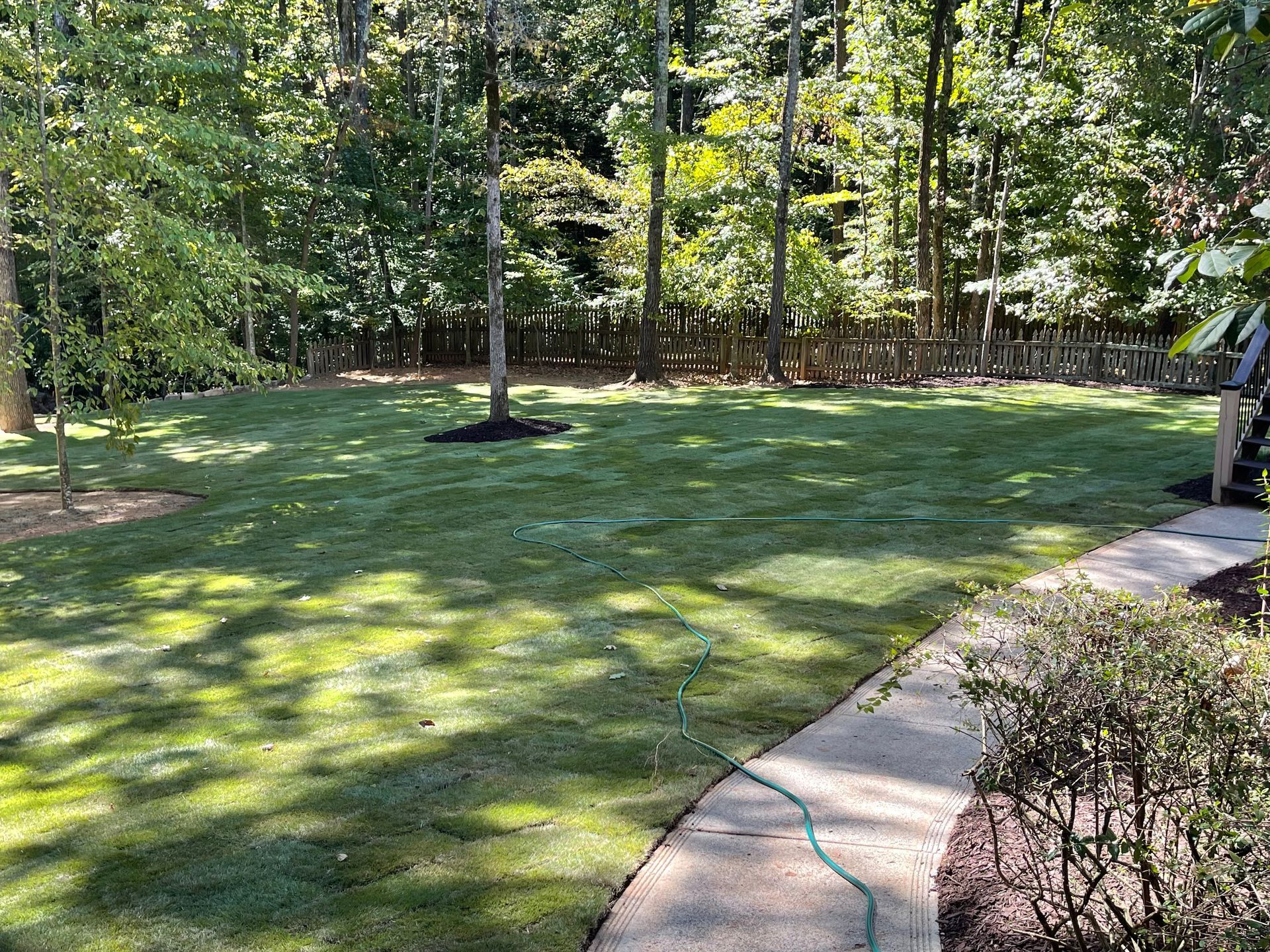 A man is mowing a lush green lawn next to a sidewalk.