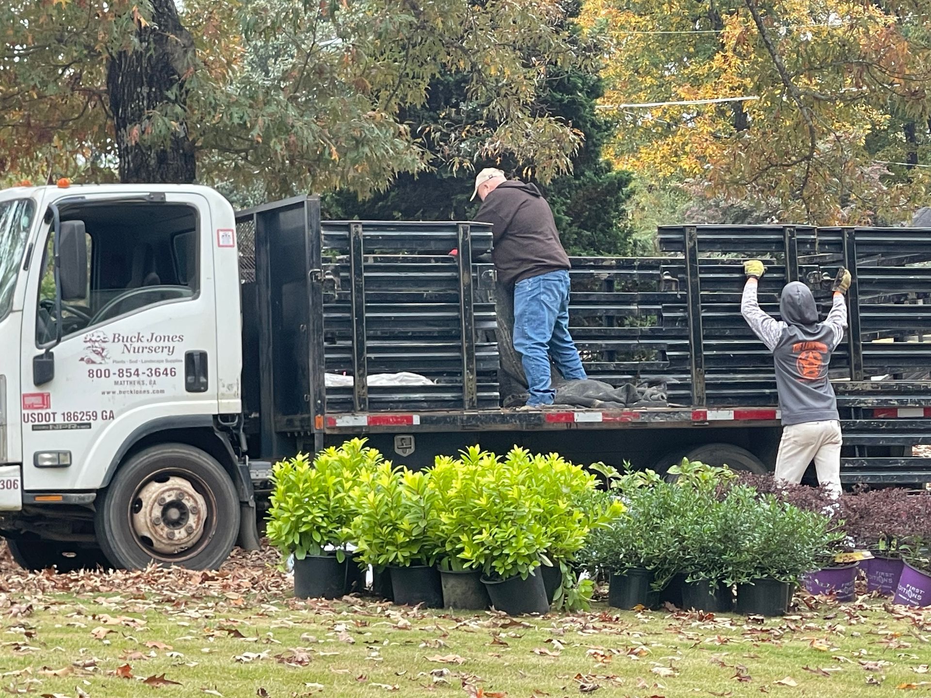 Two men are working on the back of a truck filled with potted plants.