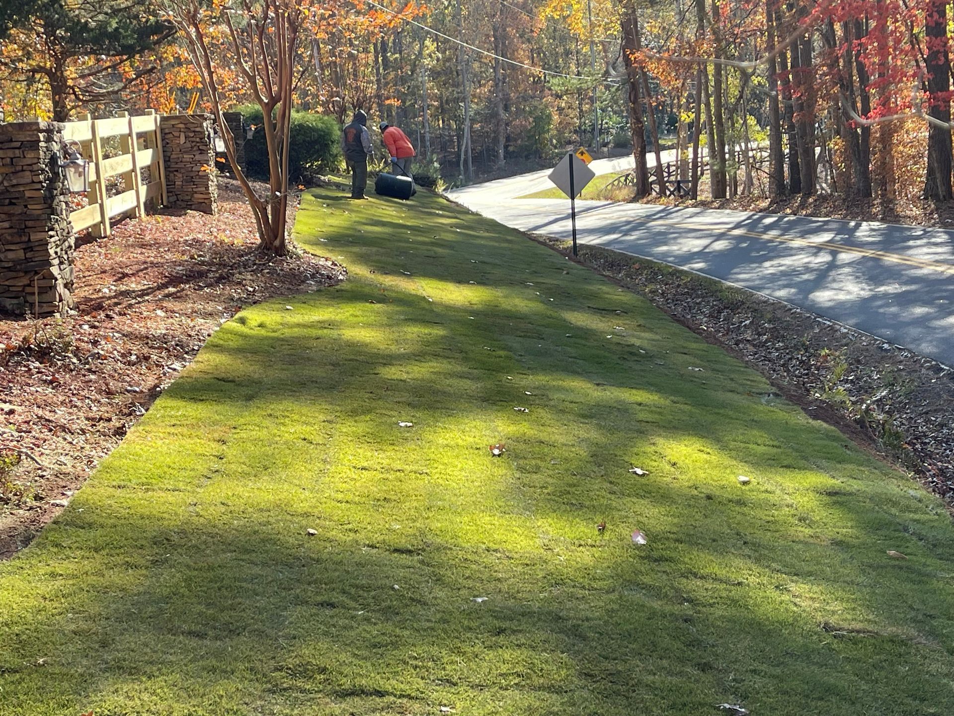 A man is mowing a lush green lawn next to a road.