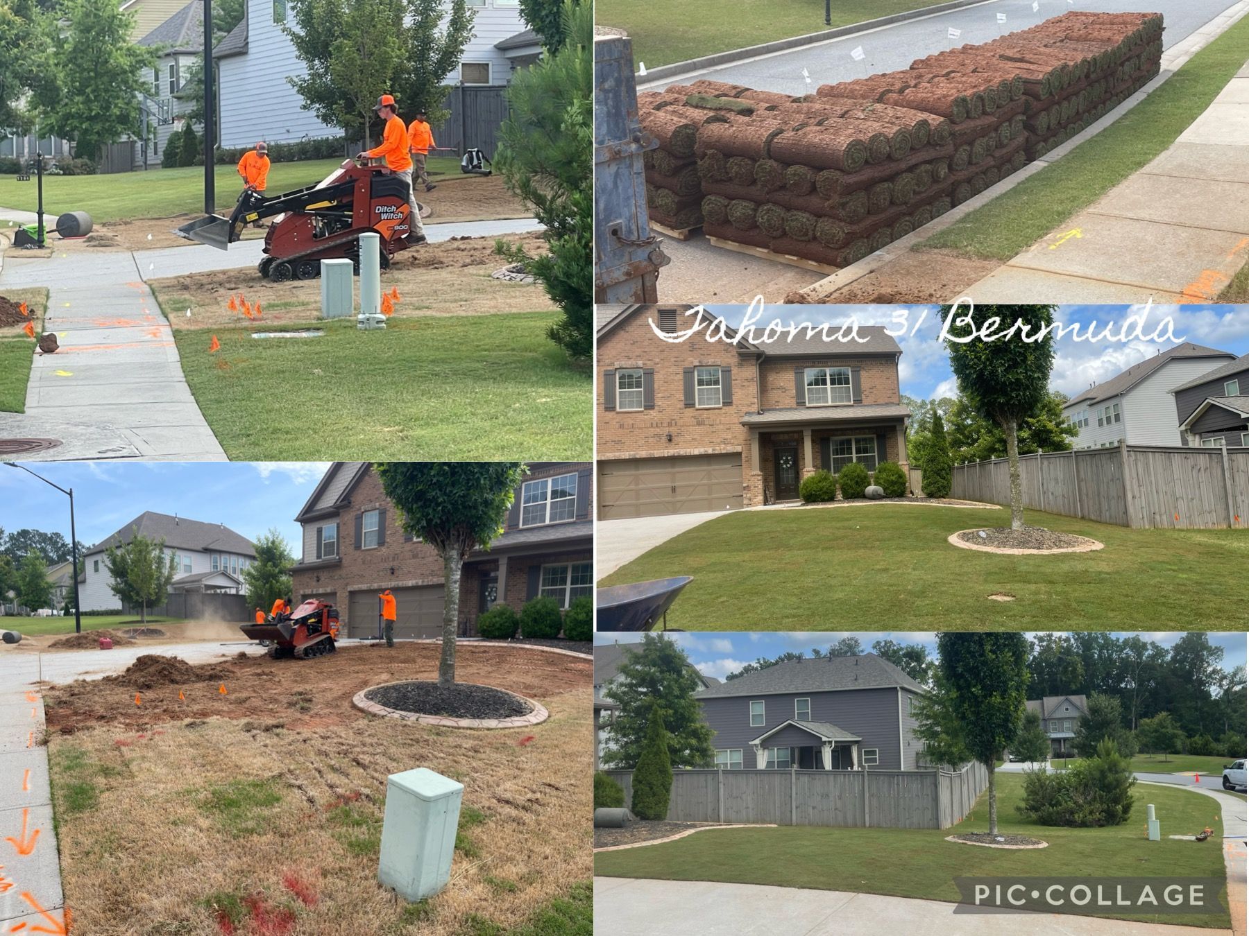 A collage of pictures of a lawn being worked on