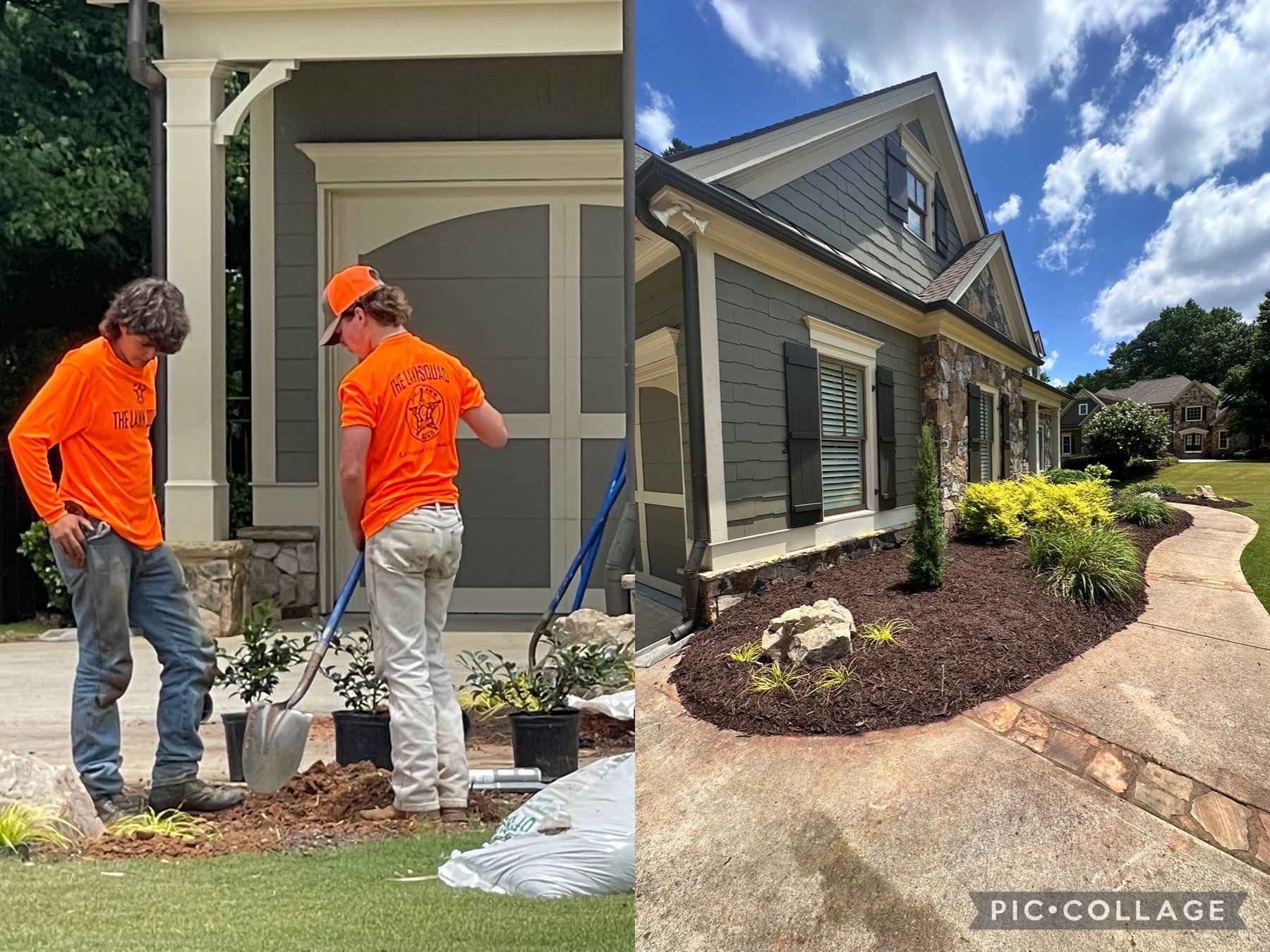 A man in an orange shirt is standing in front of a house.