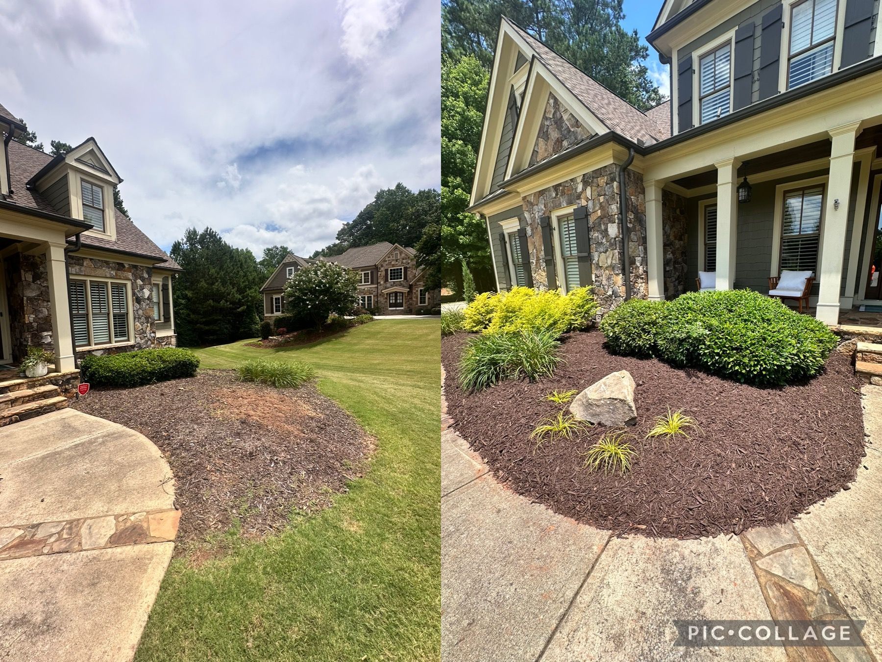 A before and after picture of a house with a lush green lawn.