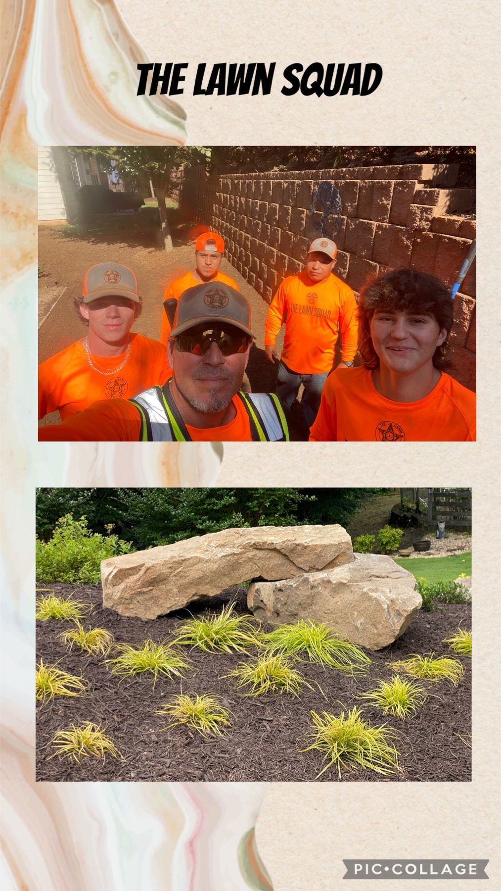 A group of people are standing next to each other in front of a stone wall.