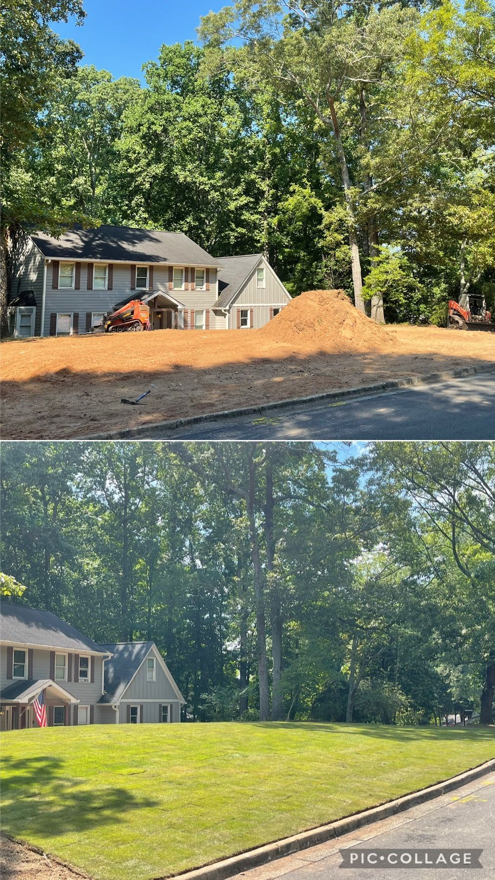 A before and after picture of a house and a lot of dirt.