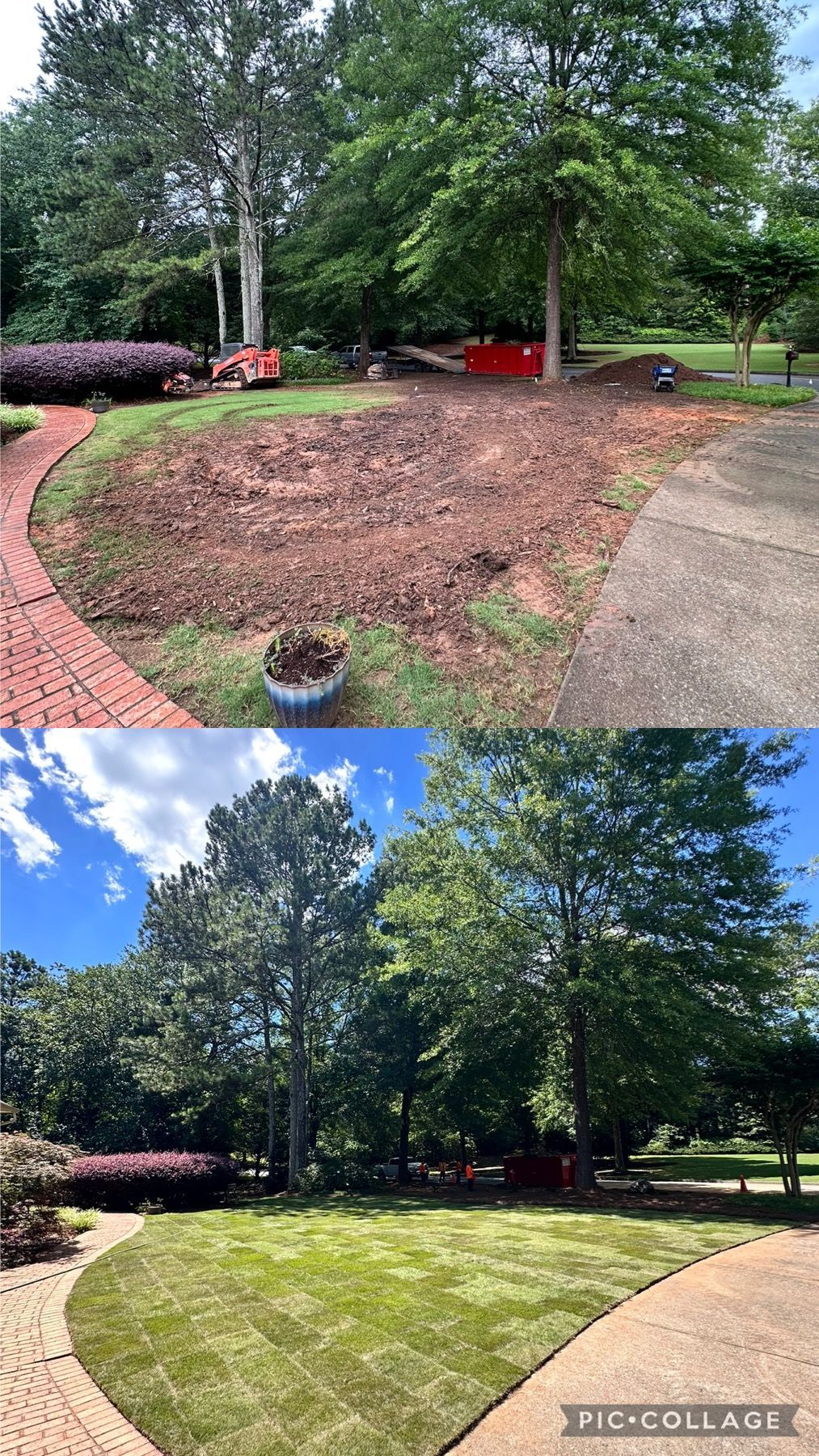 A before and after picture of a lawn with a brick walkway.