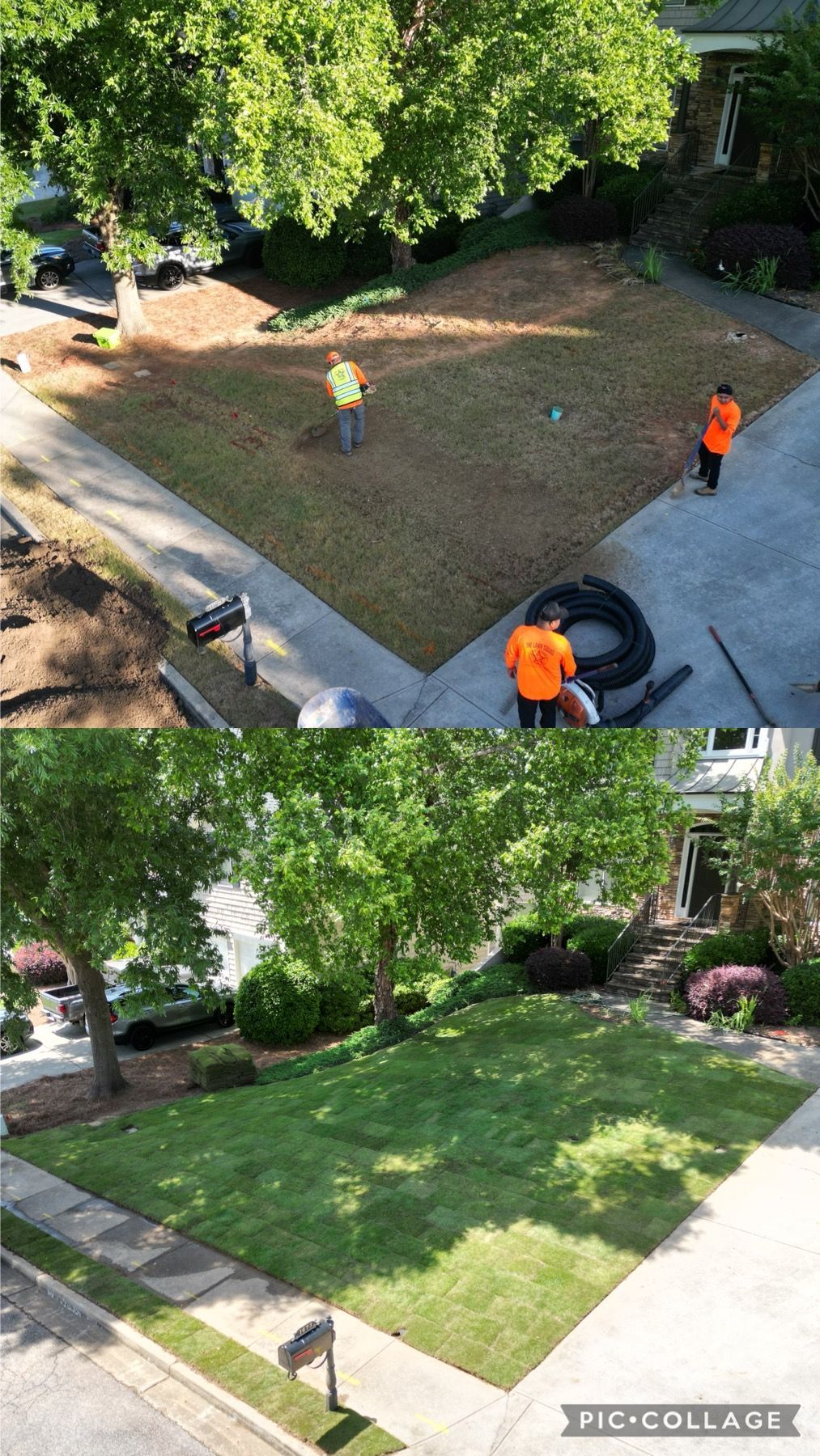 A before and after picture of a lawn being mowed.