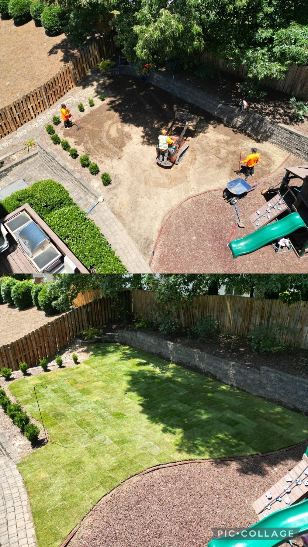 An aerial view of a backyard with a slide and a playground.