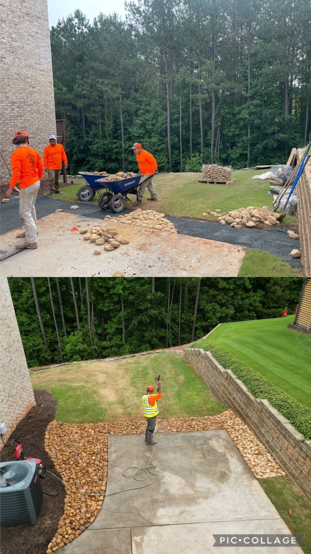A group of men are working on a driveway in a backyard.