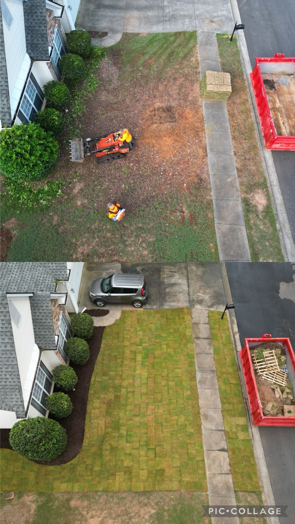 An aerial view of a lawn before and after being mowed.