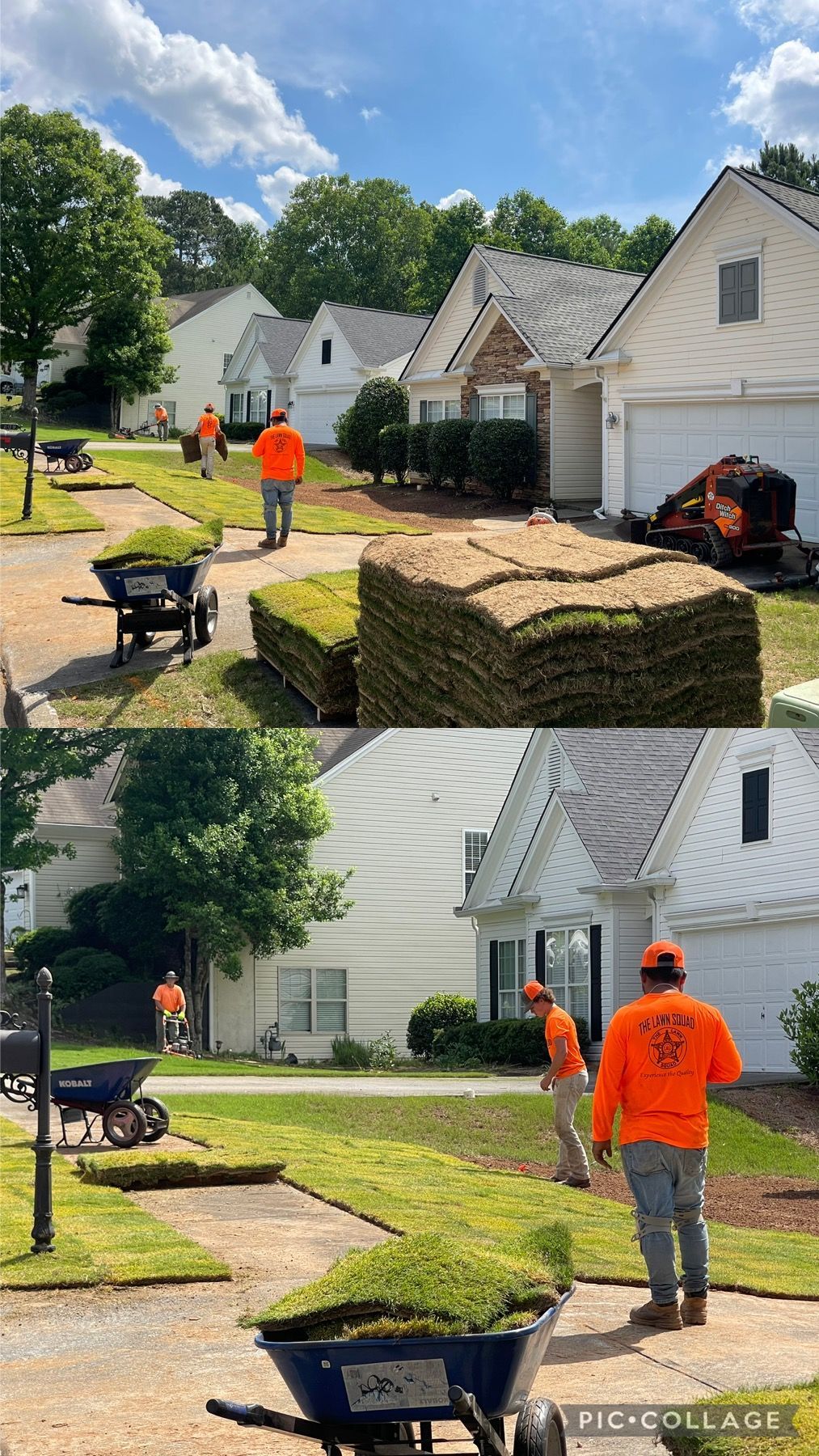 A bunch of people are working on a lawn in front of a house.