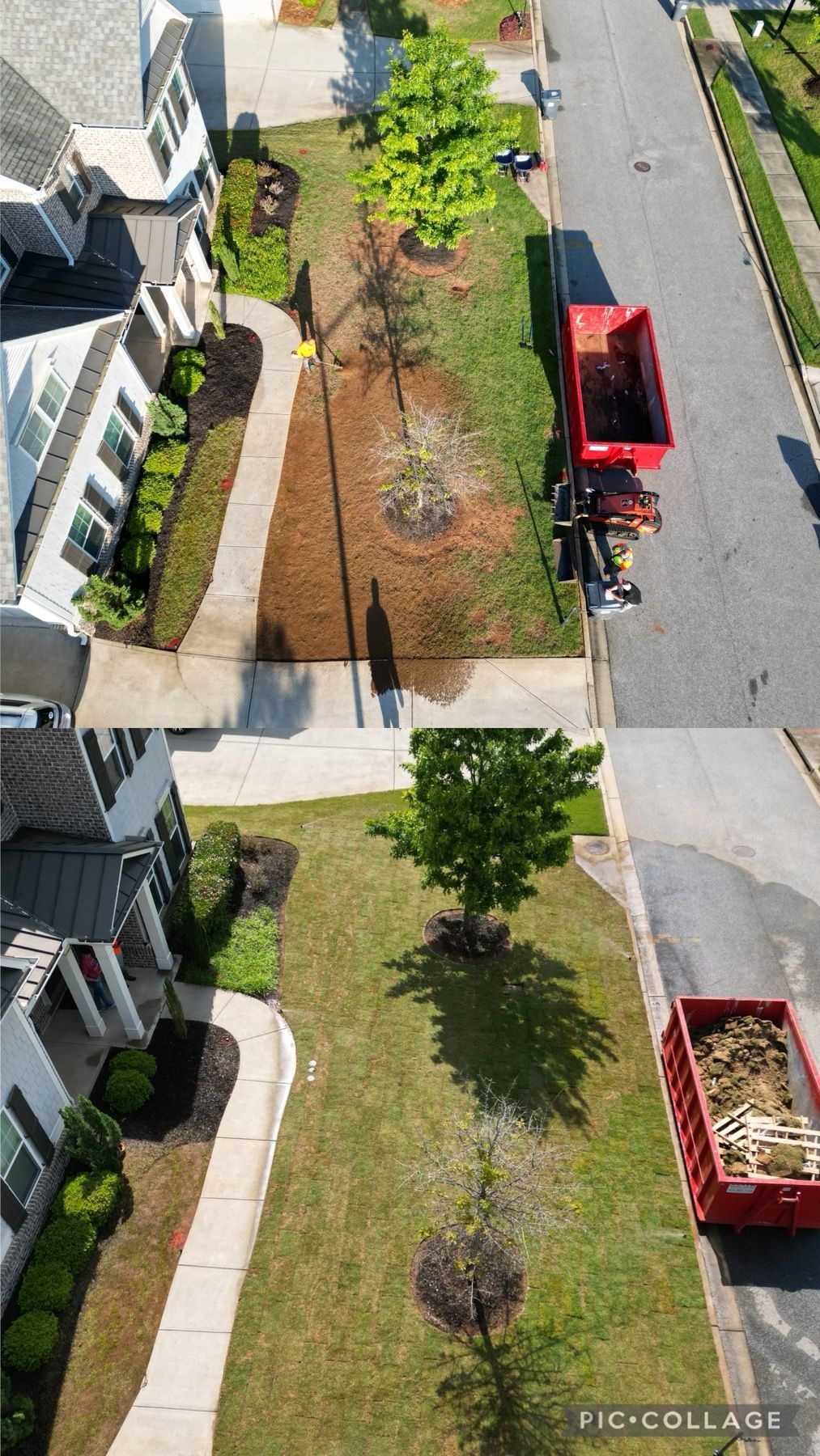 An aerial view of a residential neighborhood with a red dumpster in the middle of the street.