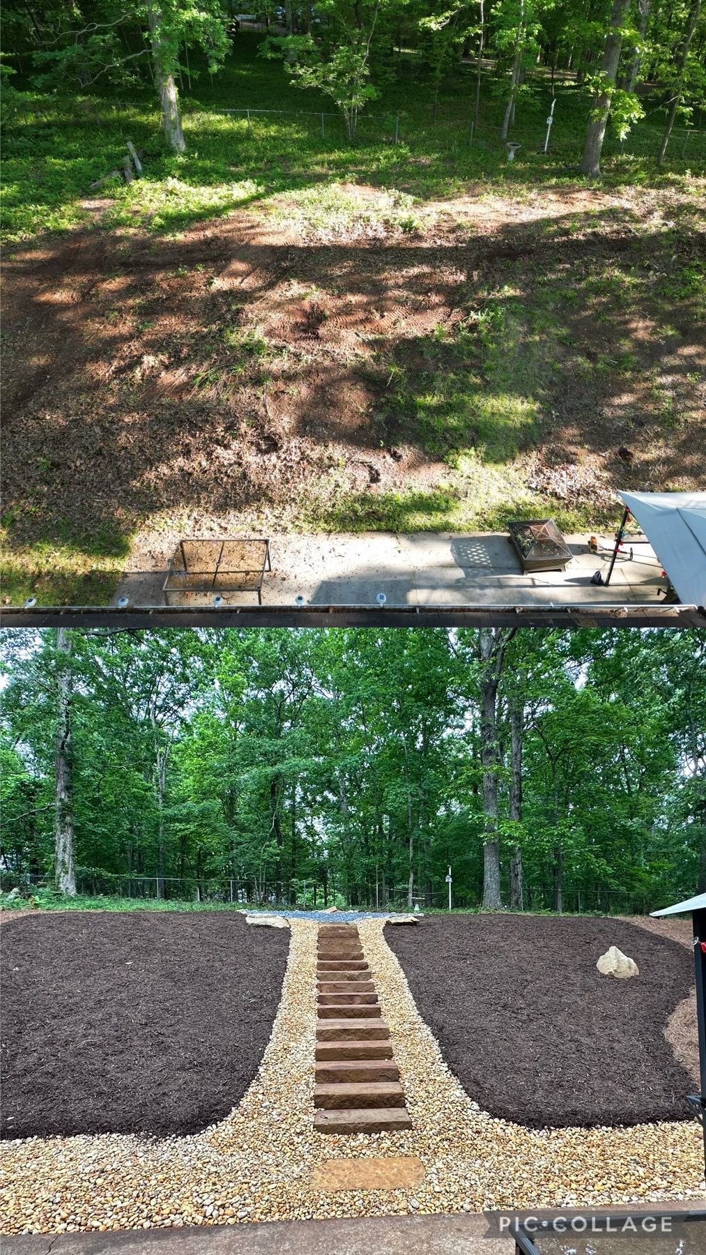 A before and after picture of a backyard with gravel and steps.