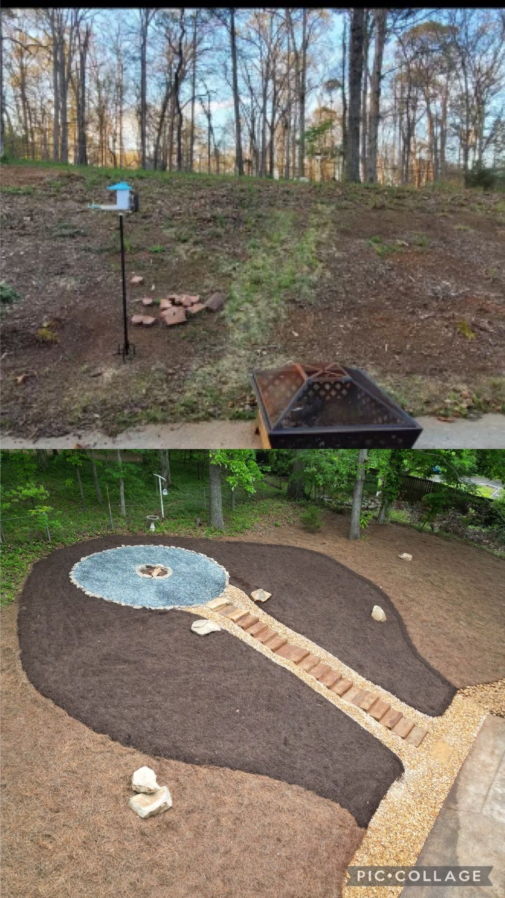 A before and after picture of a garden with a pond and a bird feeder.