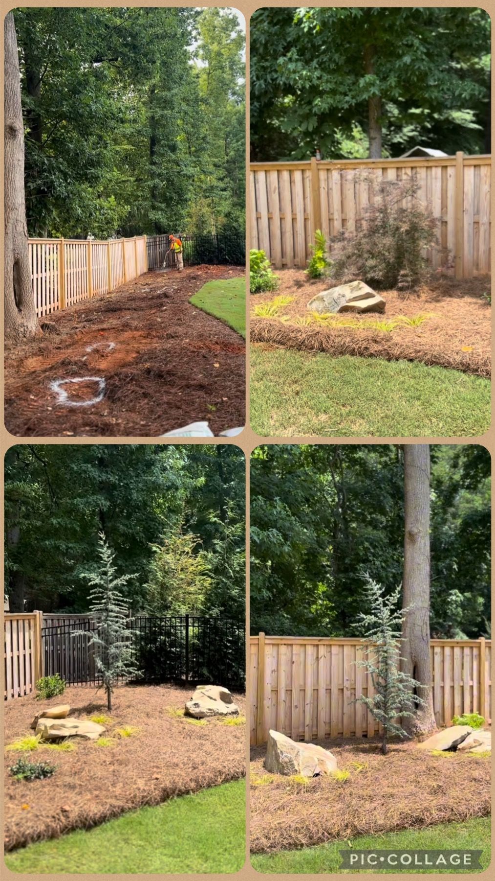 A collage of four pictures of a backyard with a wooden fence.