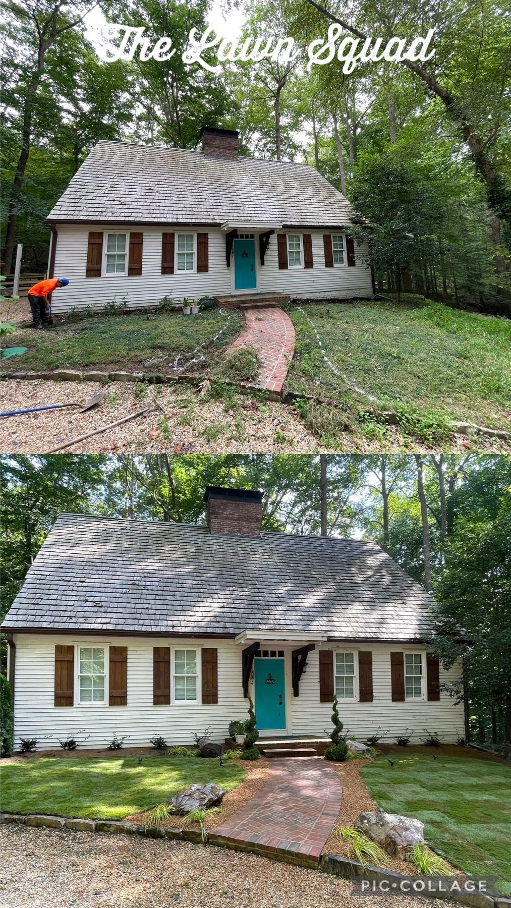 A before and after picture of a house with a roof that has been cleaned.