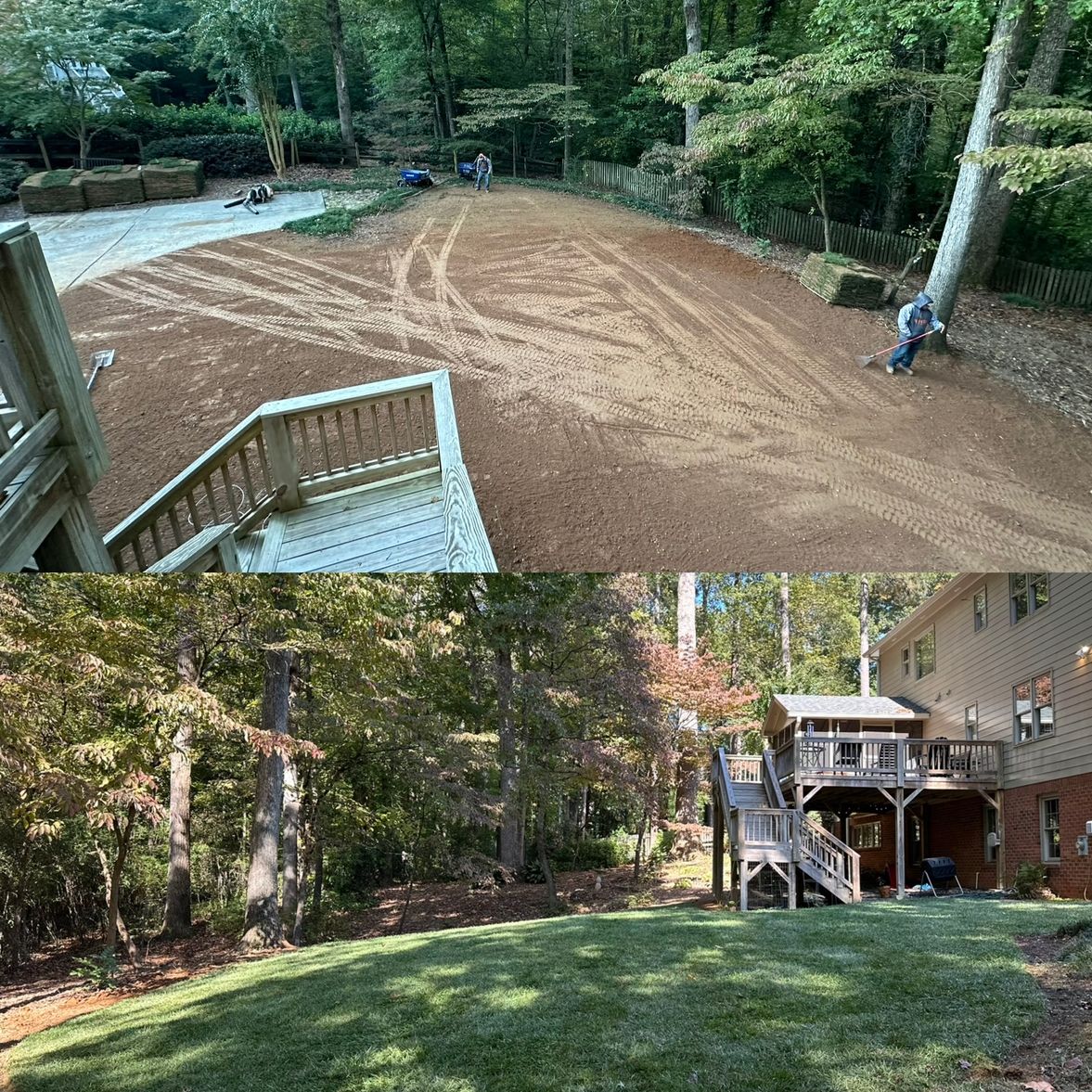 A before and after picture of a dirt yard and a house.