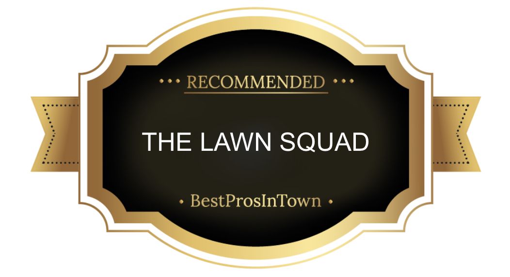 A black and gold label that says the lawn squad