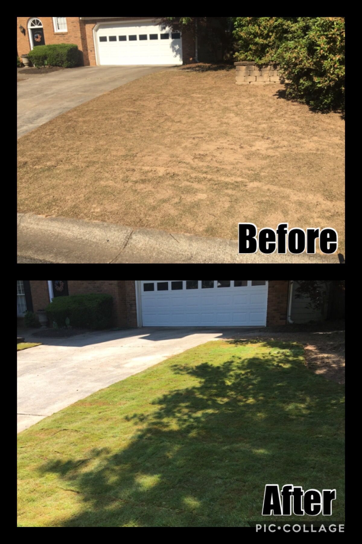 A before and after picture of a lawn with a garage door.
