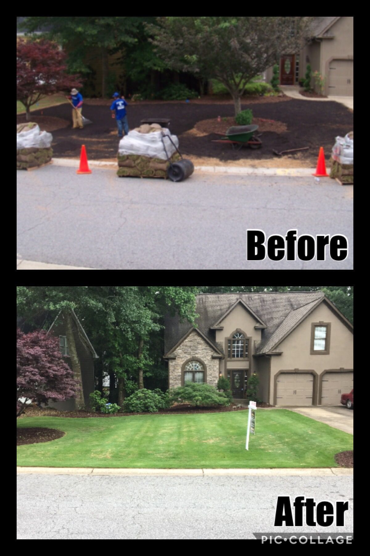 A before and after picture of a house with a lush green lawn.