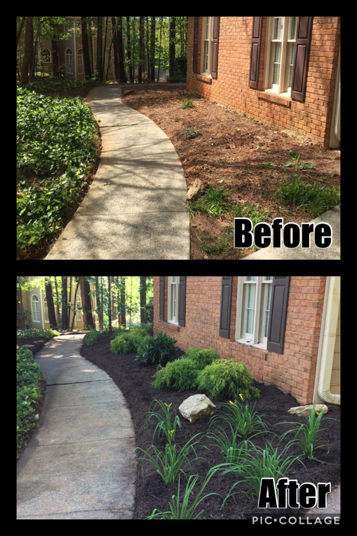 A before and after picture of a sidewalk in front of a brick house.