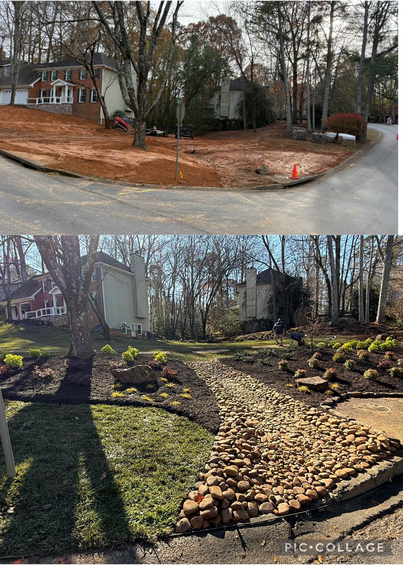 A before and after picture of a house and a yard.