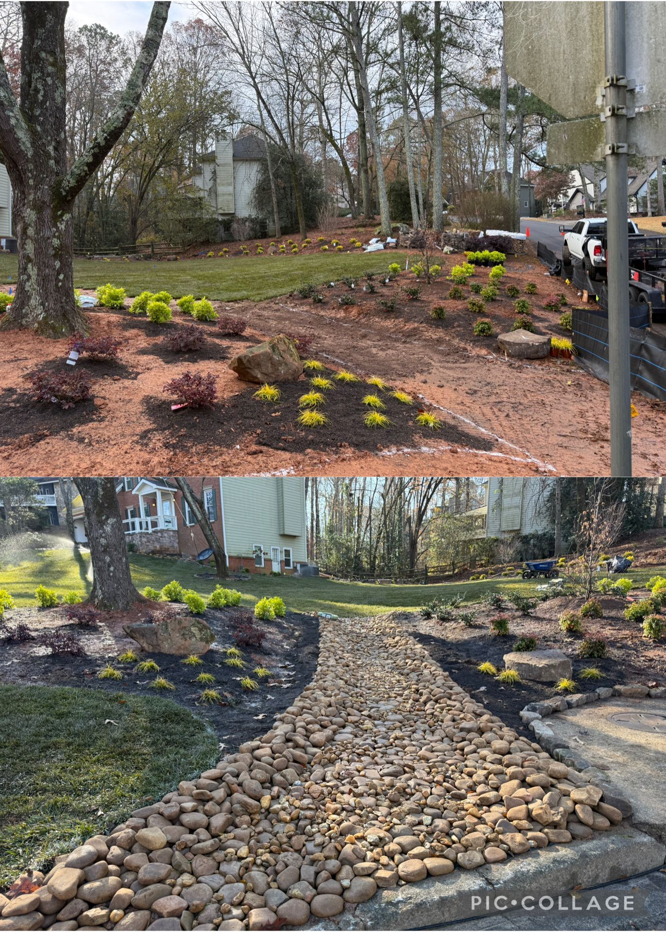 A before and after picture of a garden with a stone walkway.