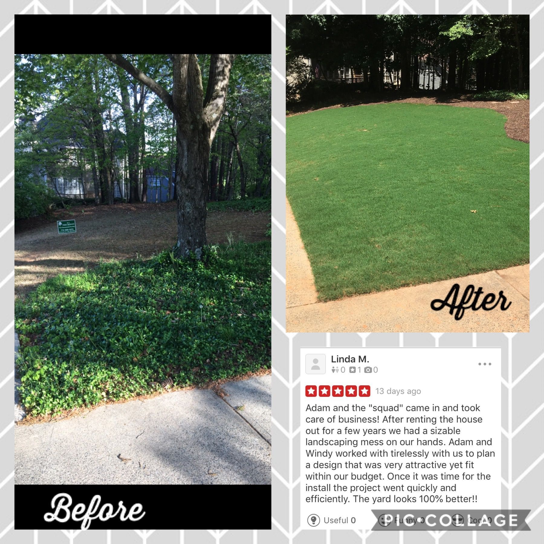 A before and after photo of a lush green lawn