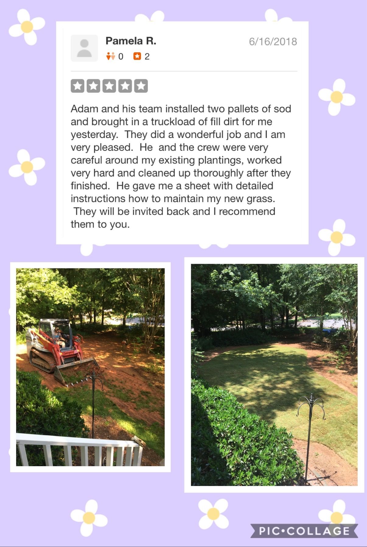 A collage of photos of a lawn with flowers on a purple background.