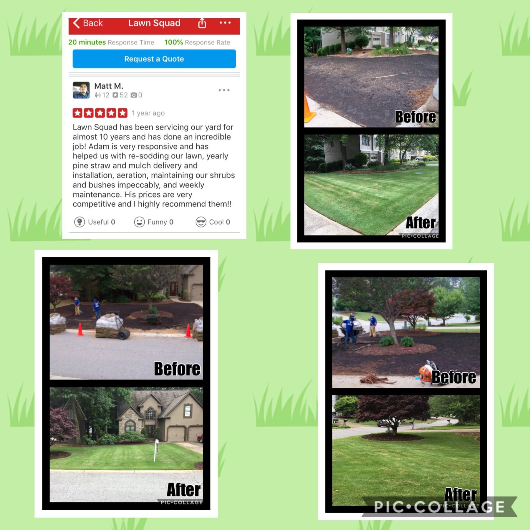 A collage of pictures of a lawn before and after being mowed