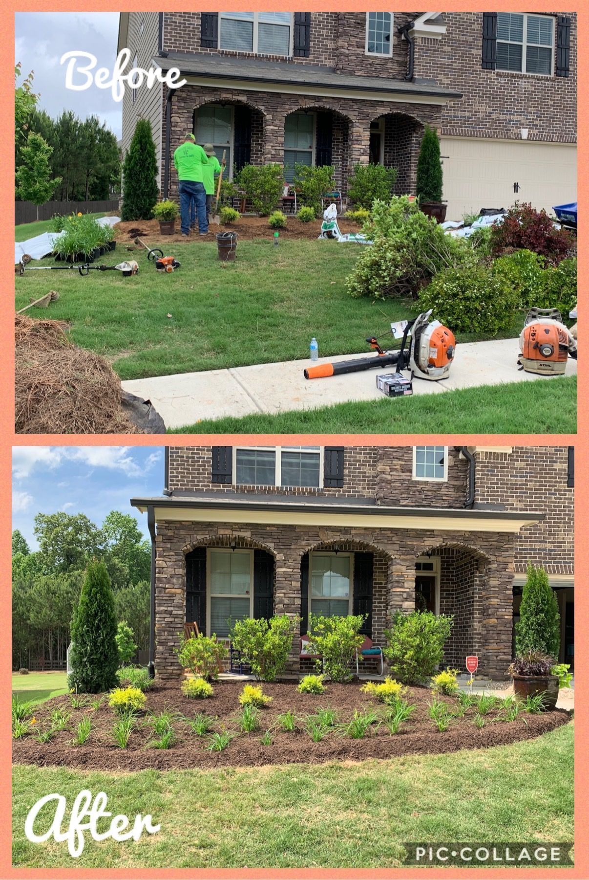 A before and after picture of a lawn being maintained in front of a house.