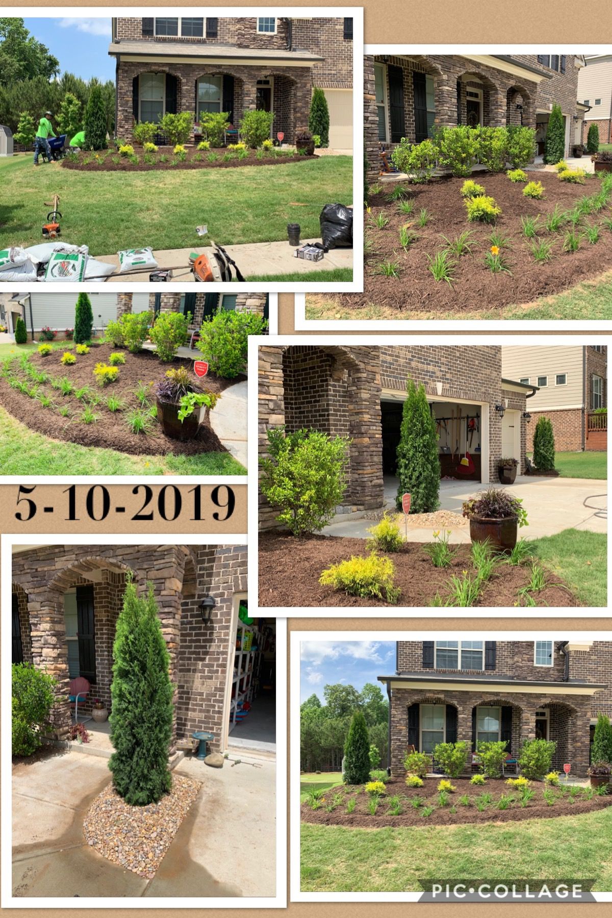 A collage of pictures of a house with a garden in front of it
