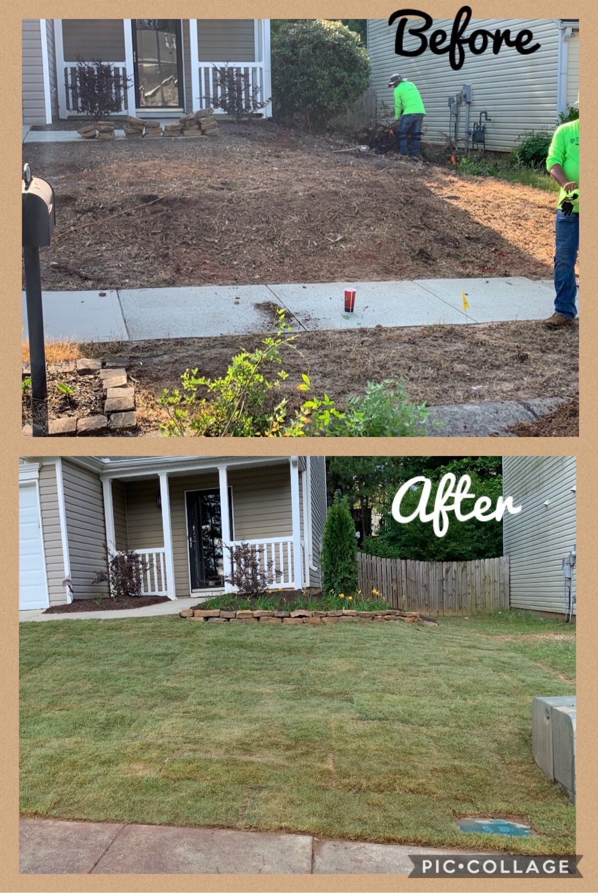 A before and after picture of a house with a lawn.