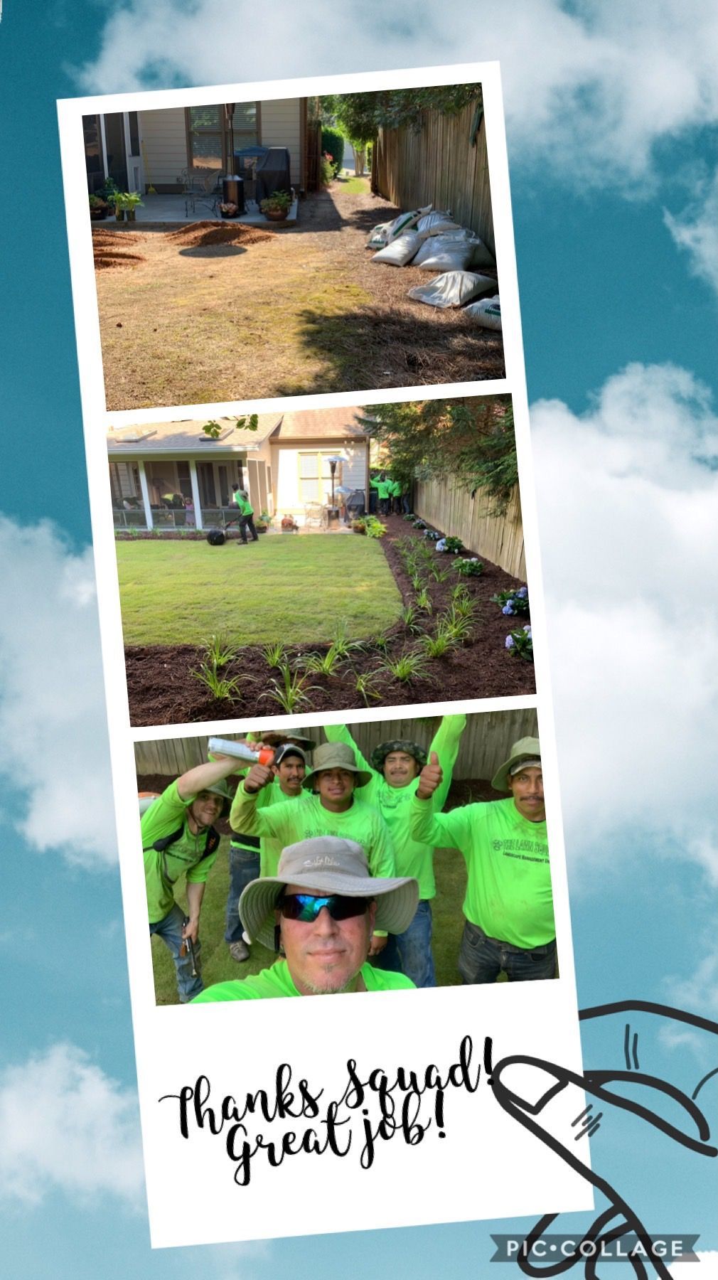 A group of people in green shirts are standing in front of a lawn.