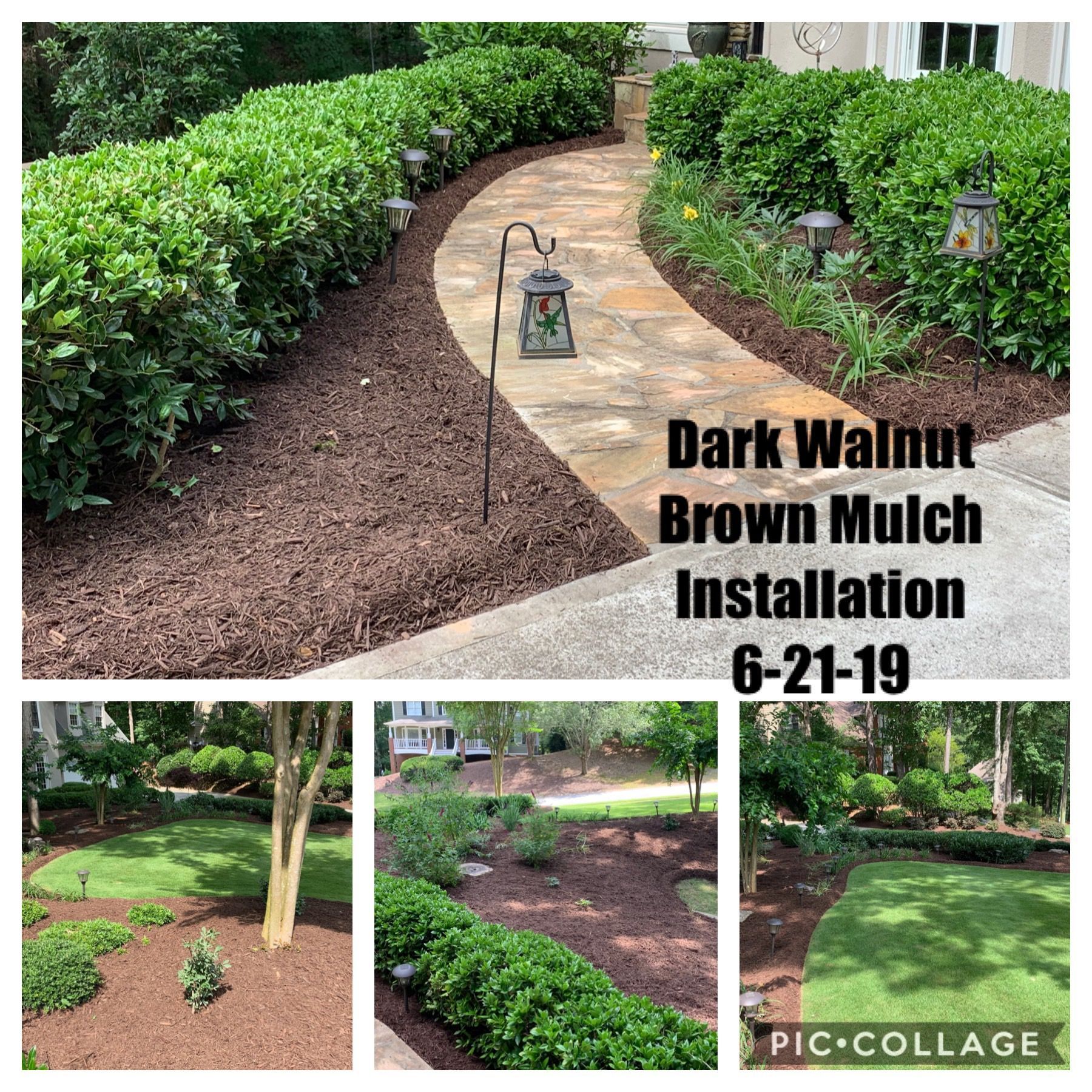 A collage of pictures of a dark walnut brown mulch installation.