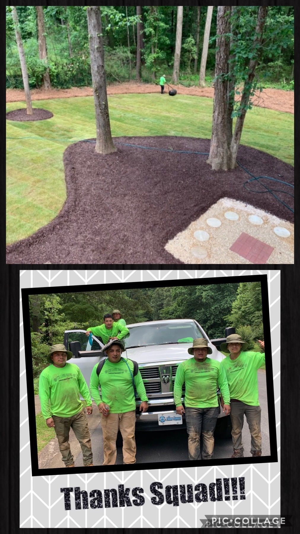 A group of men in green shirts are standing in front of a truck.
