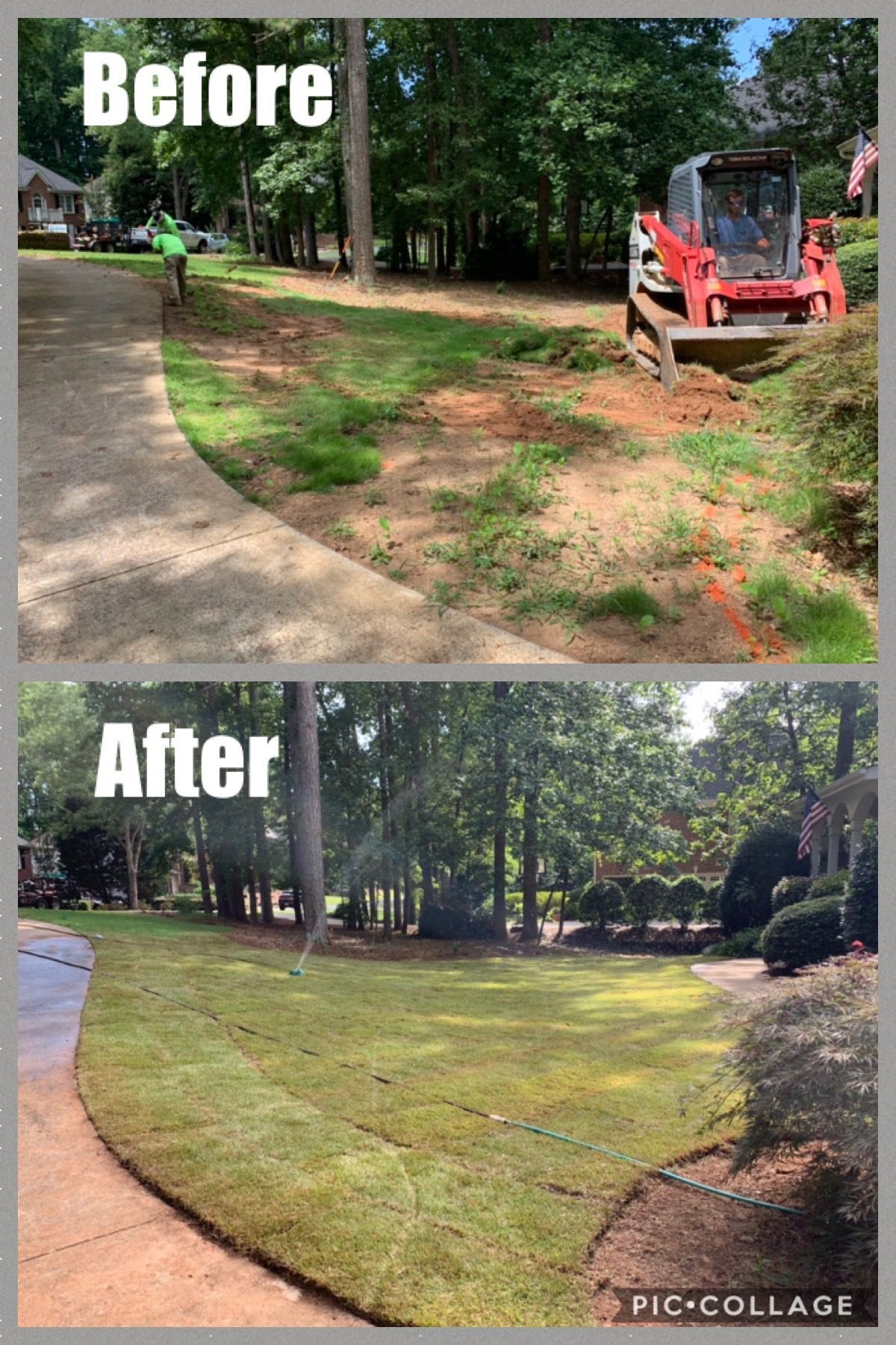 A before and after picture of a lawn with a bulldozer.