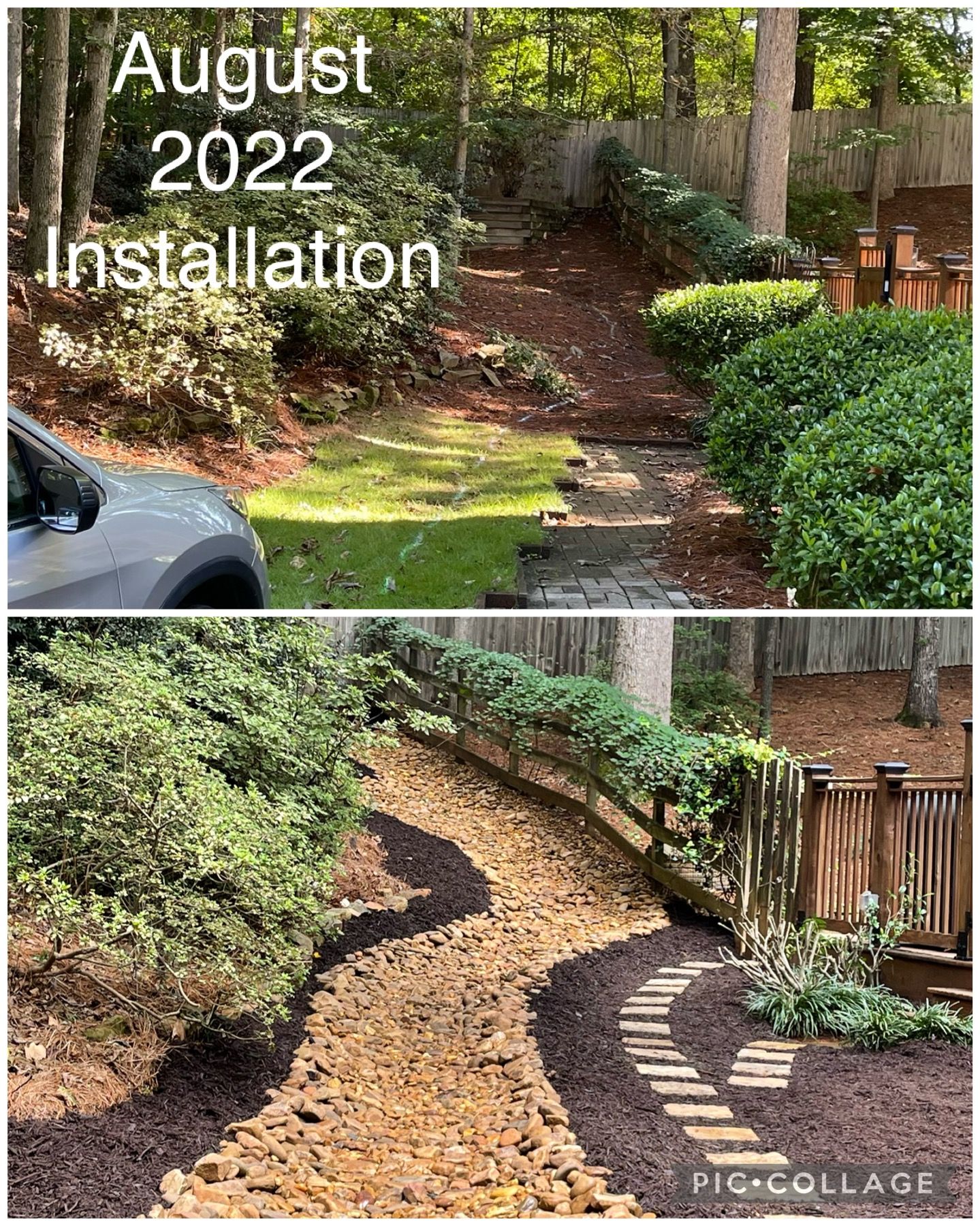 A before and after picture of a landscaping project in august of 2022.