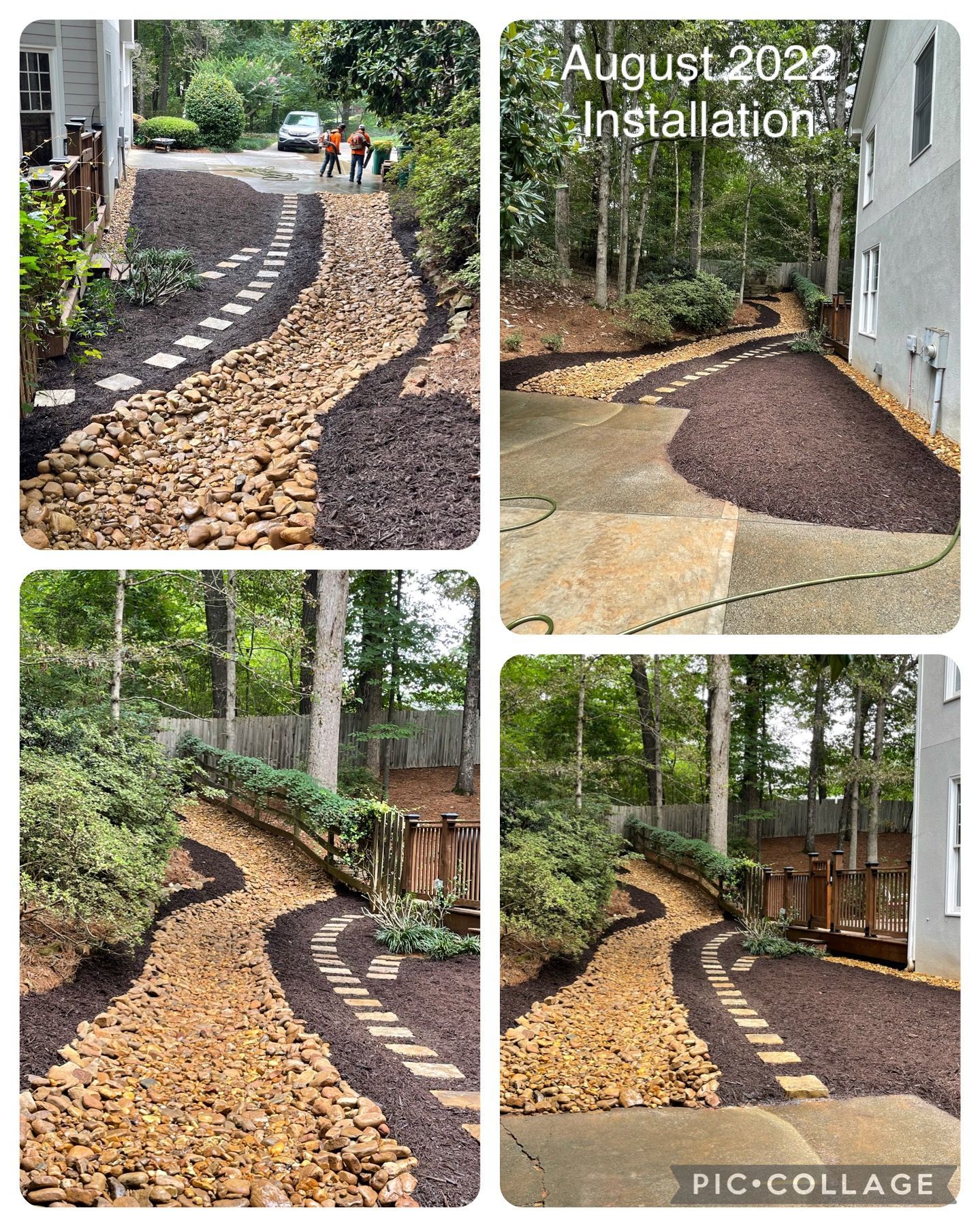 A collage of four pictures of a landscaping project in august.