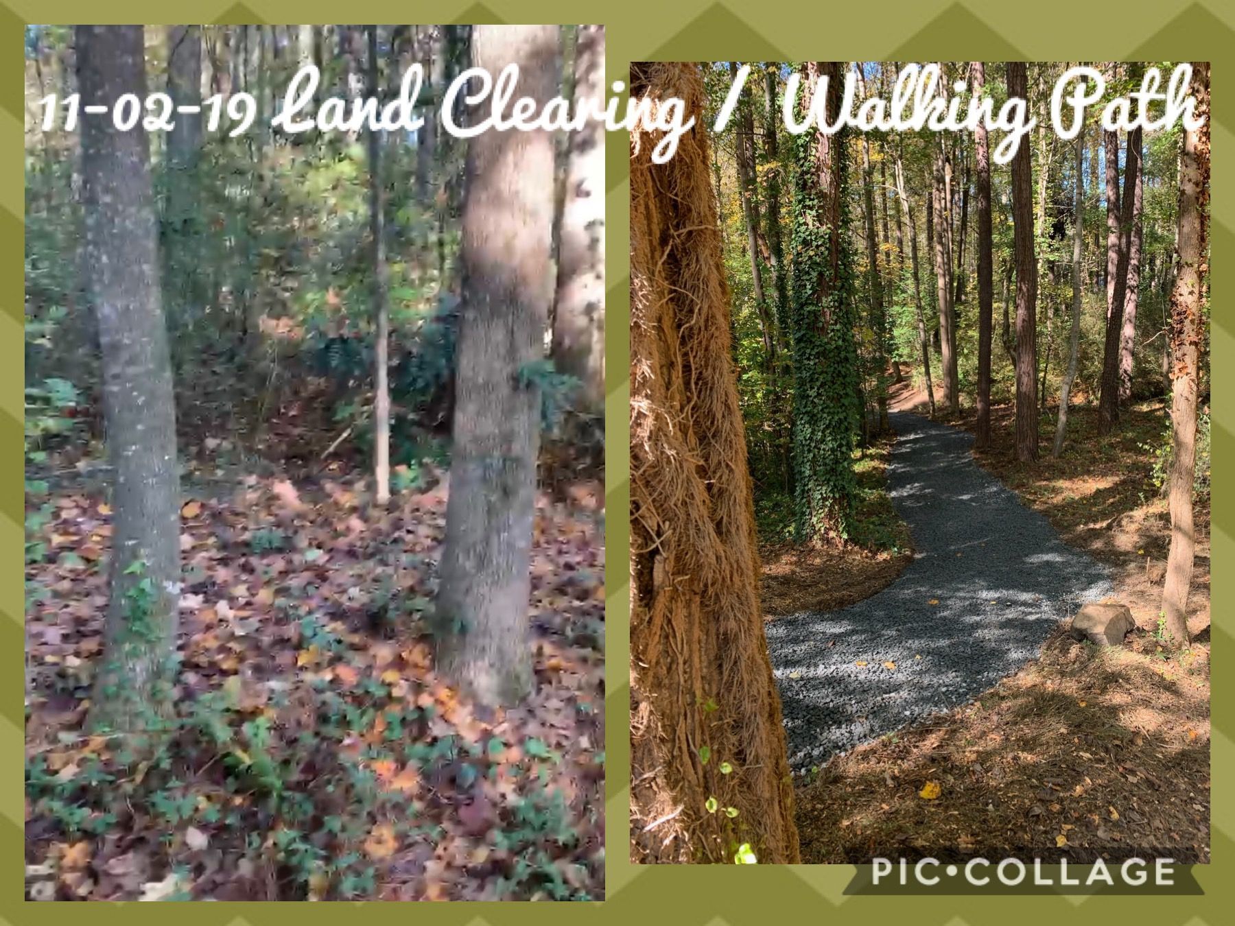 A before and after picture of a land clearing / walking path