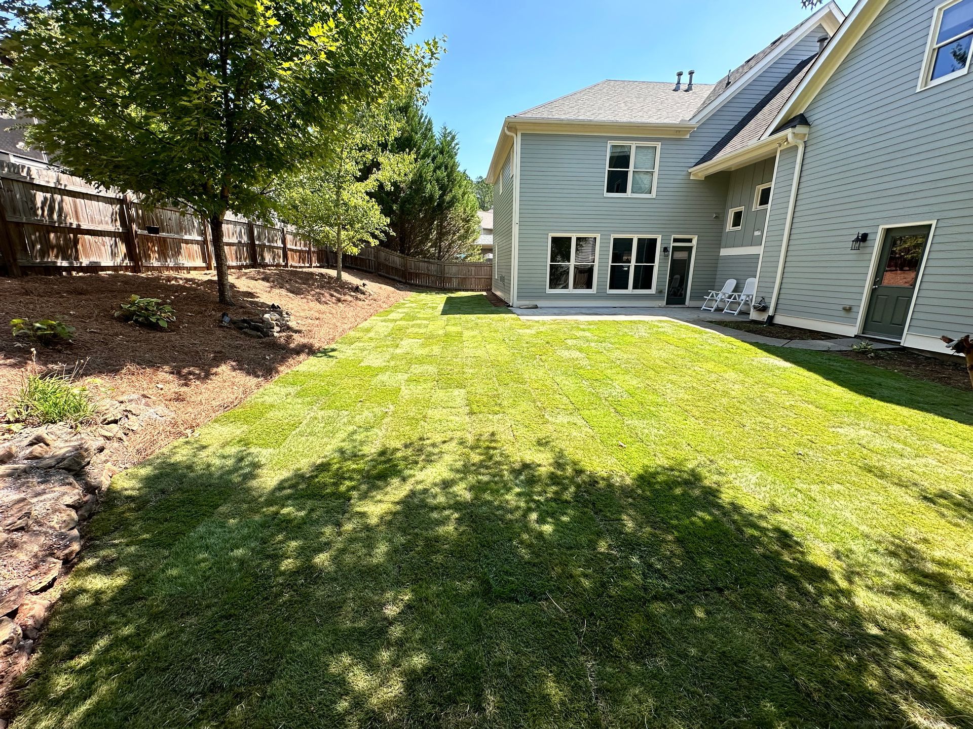 A large lawn in front of a house with a fence and trees.