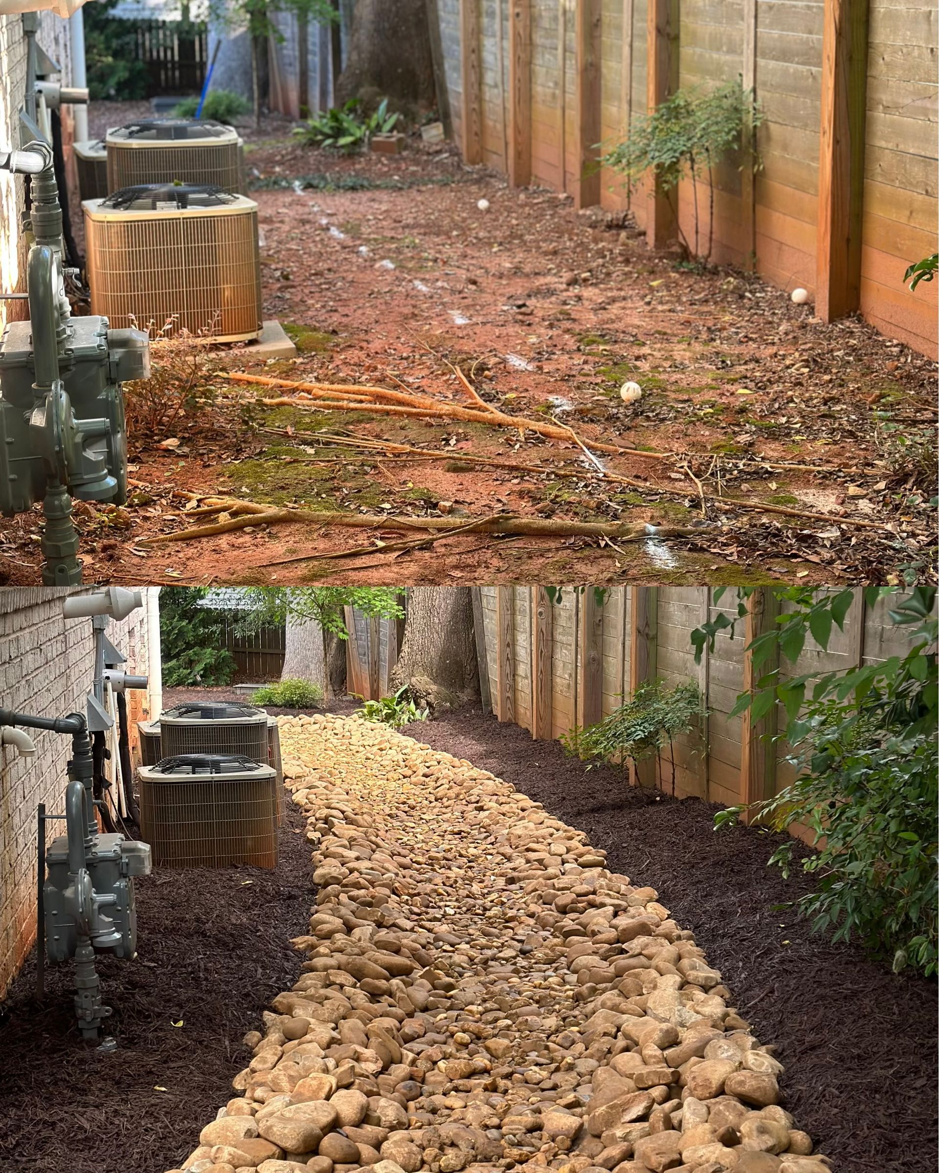 A before and after picture of a stone walkway in a backyard.