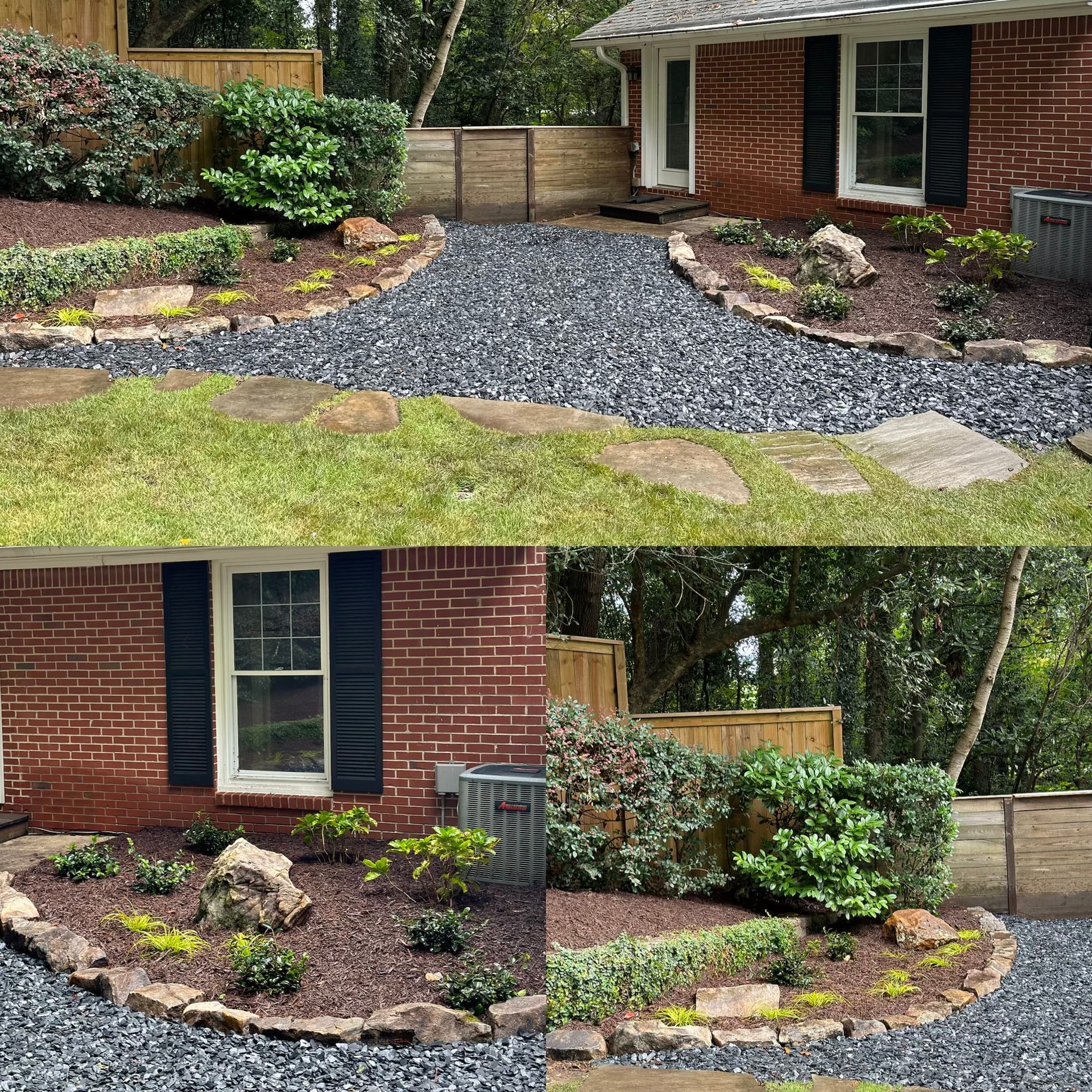 A before and after picture of a brick house with a gravel driveway.