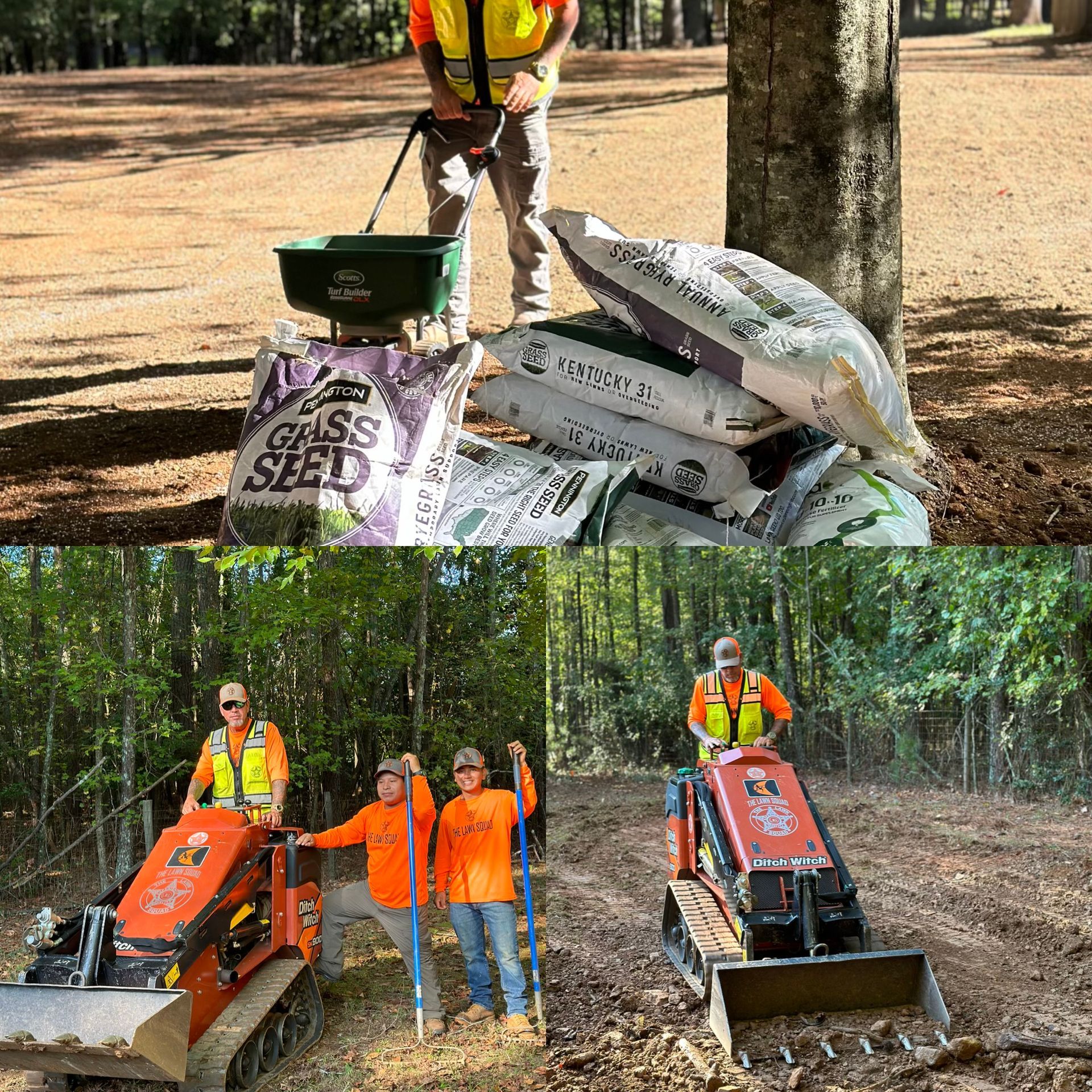 A man is standing next to a bag of grass seed.