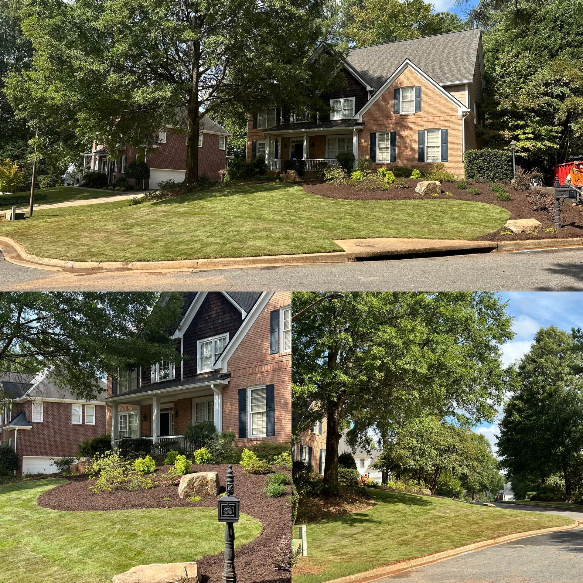 A before and after picture of a house with a lush green lawn.