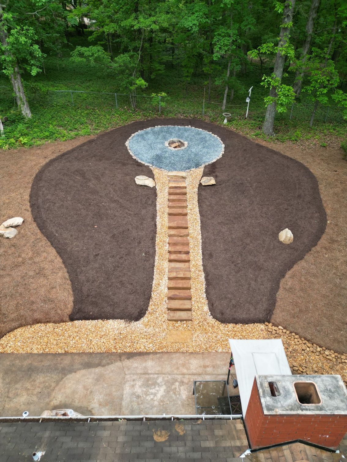An aerial view of a garden with a fire pit and stairs.