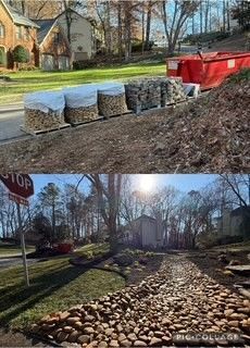 A stop sign and a pile of rocks on the side of a road.