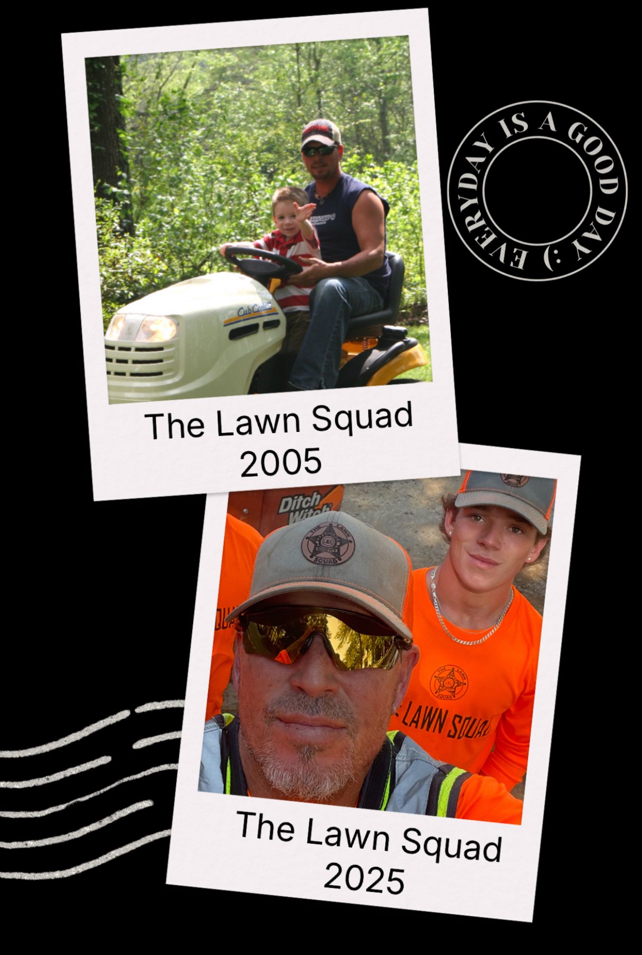 Two Polaroid photos: 2005: man and child on a lawnmower. 2025: two men, one in sunglasses, in orange shirts.