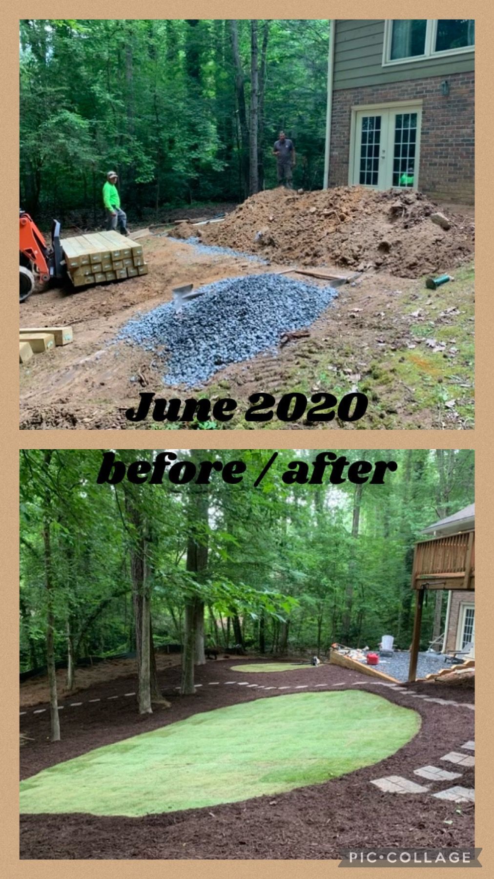 A before and after photo of a backyard being remodeled.
